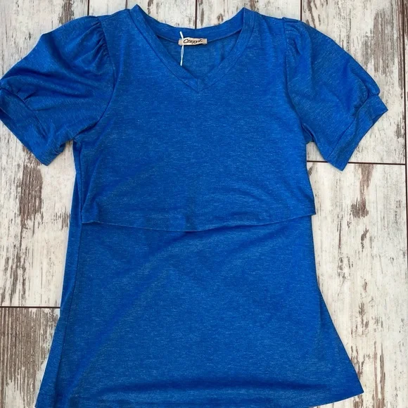 CzzzyL Women’s Nursing Blouse Blue V-Neck Puff Sleeve Top | Size Small | NWT - Picture 4 of 11